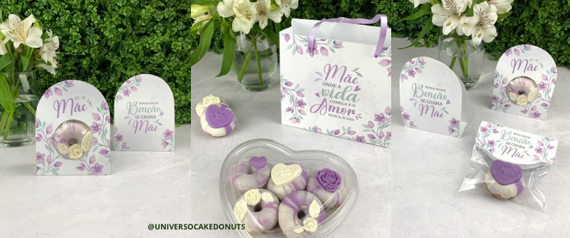 Arquivos de embalagem para imprimir e baixar universo cake donuts mini donuts embalagens passo a passo em pdf canva gratuito editáveis 3
